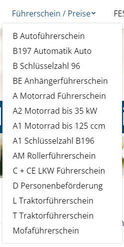 Im Bild ist die Navigation einer regionalen Fahrschule nach unsern Optimierungen zu sehen