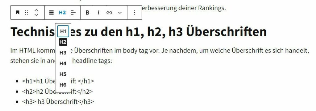 Das Bild zeigt, wie eine h2 Überschrift in eine h1 Überschrift für SEO geändert werden kann